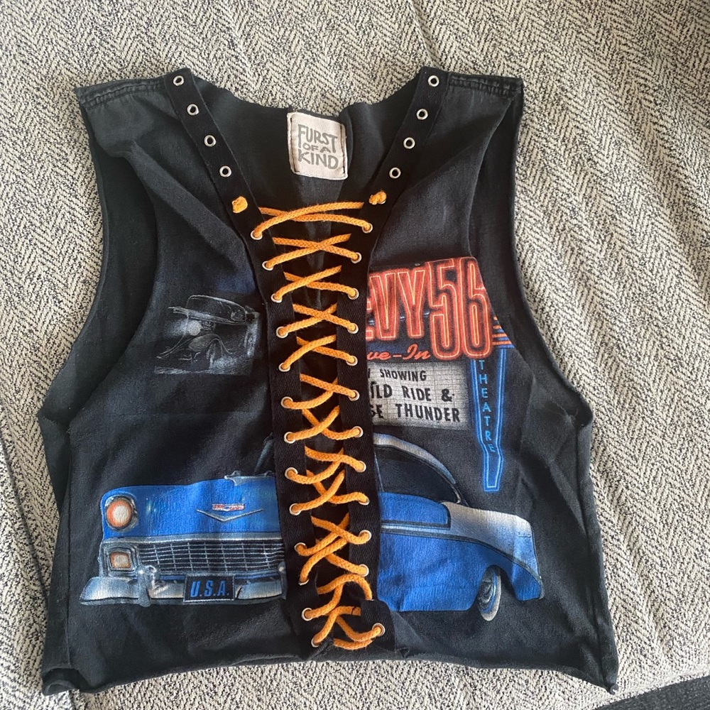 Black Vest with Vintage Car Print and Lace-Up Detail